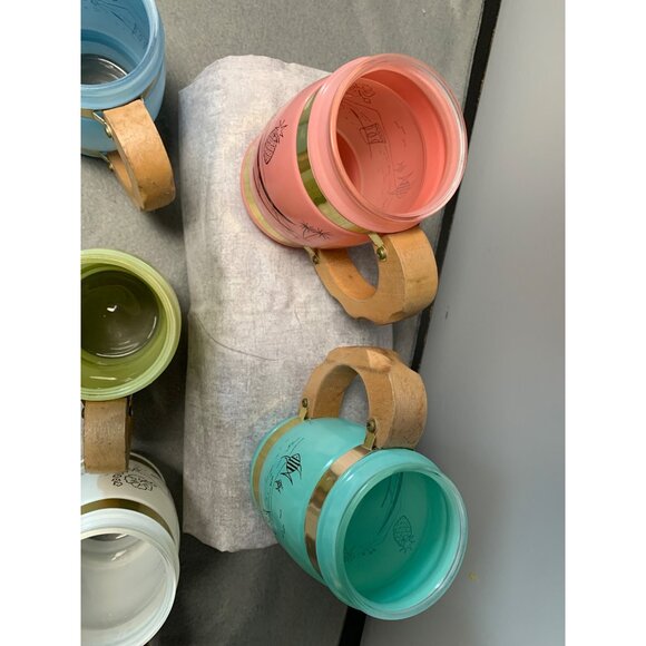 Vintage Siesta Ware Frosted Tiki Mugs With Wood & Brass Handles - 5 Rainbow Colo - Picture 7 of 13